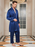 SilkSilky UK Pure Silk 3/4 Sleeve Deep V Neck Men's Dressing Gown DarkBlue 007