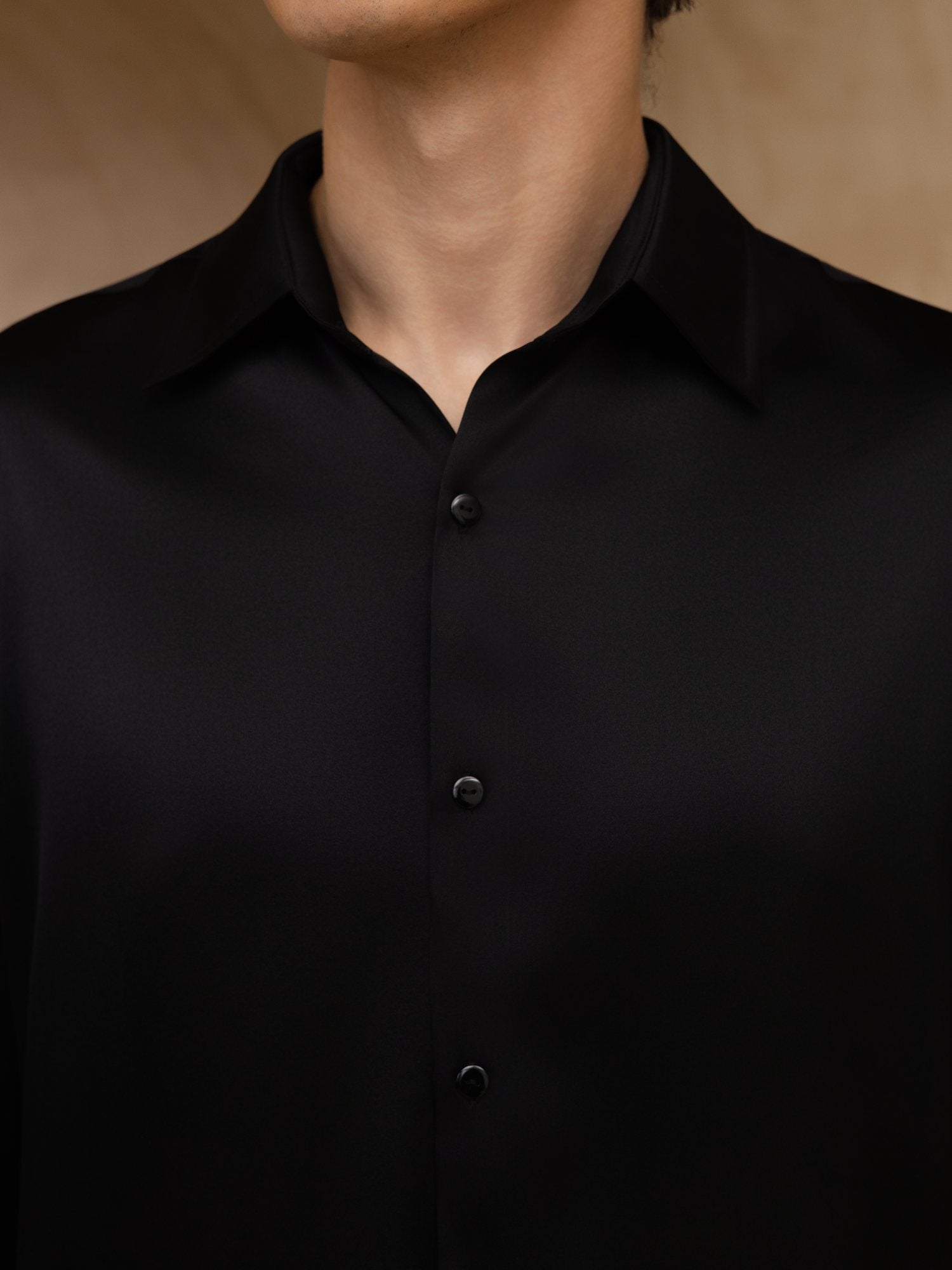[Black] SilkSilky-UK 19Momme Stretch Silk Charmeuse Long Sleeve Lapel Collar Men's Shirt 006