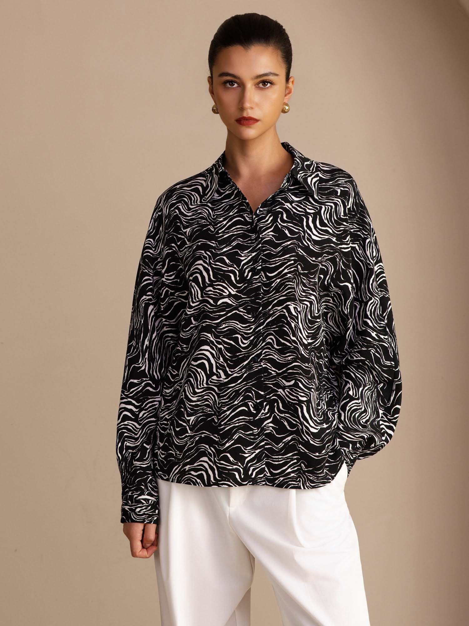 [Black Wave] SilkSilky-UK Long Sleeve Lapel Collar Women's Shirt 001
