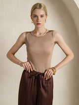 [Coffee] SilkSilky-UK 100% Silk Jersey Sleeveless Round Neck Women's T-Shirt 007