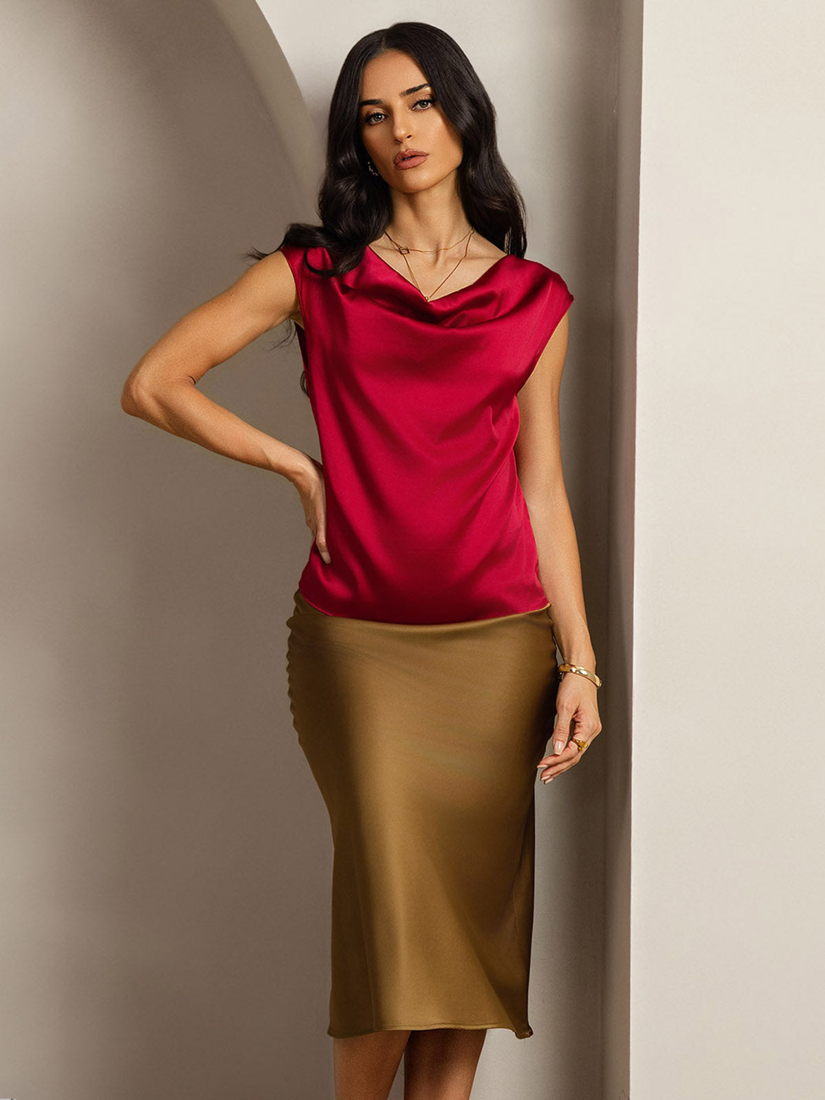 [Wine] SilkSilky-UK 19Momme Silk Cap Sleeve Cowl Neck Women's T-Shirt 001