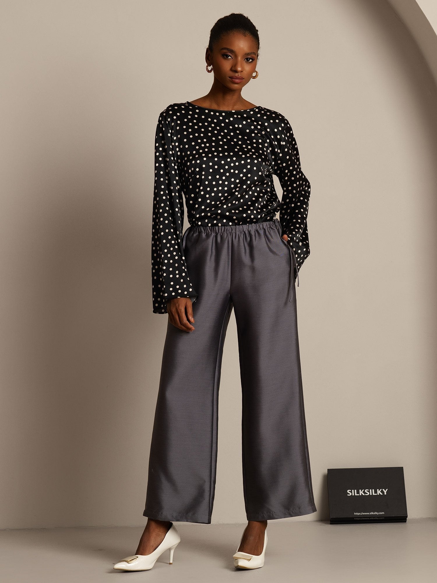 [Gray] SilkSilky-UK 32Momme Silk-Wool Blend Womens Pants 003,