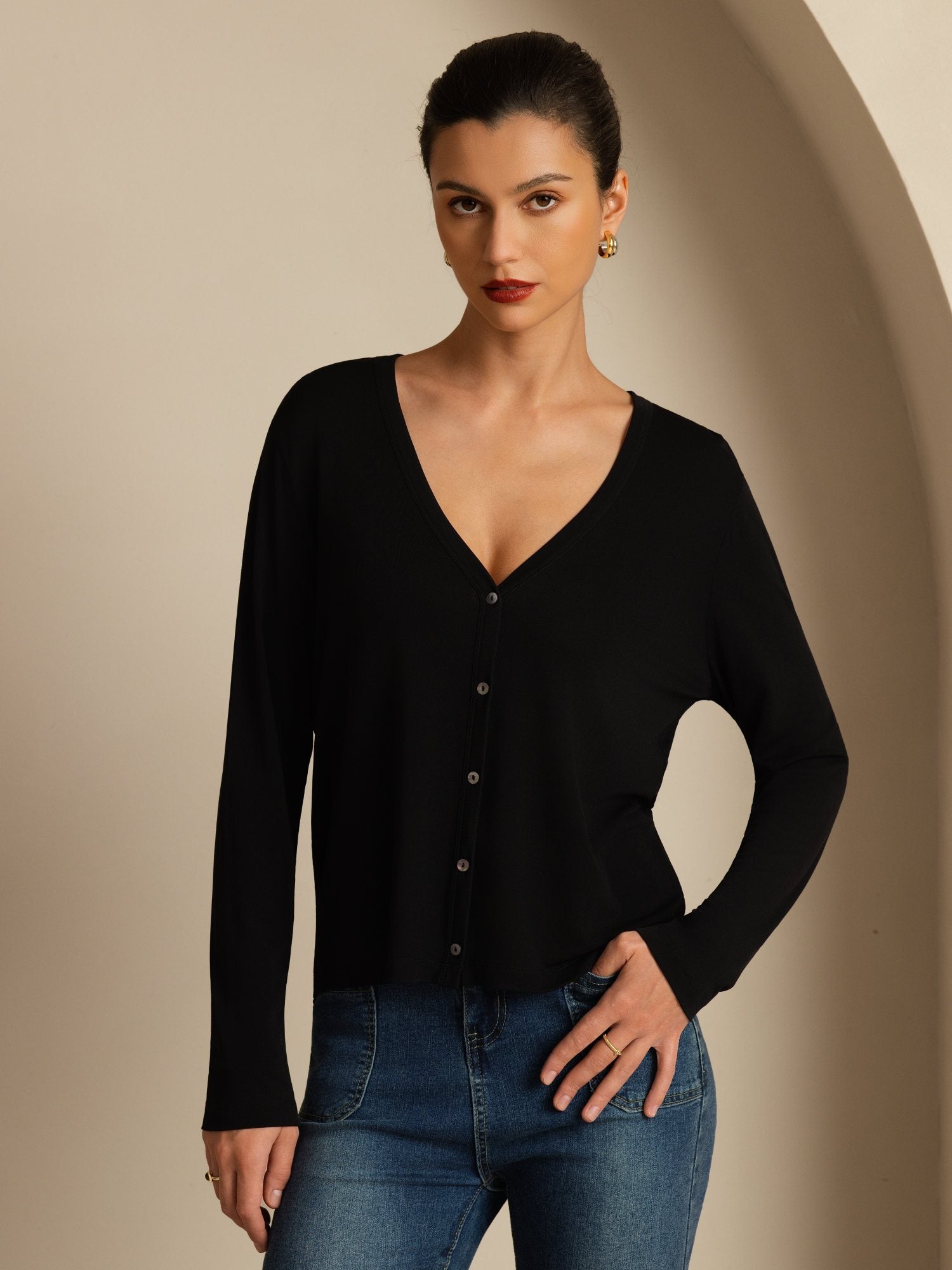 [Black] SilkSilky-UK 19Momme 100% High-Twist Silk Jersey Long Sleeve V Neck Women's Cardigan 003