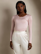 [Coral Pink] SilkSilky-UK Silk Jersey Long Sleeve Round Neck Women's T-Shirt 003