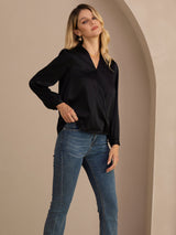 [Black] SilkSilky-UK Long Sleeve Wrap Women's Blouse 004