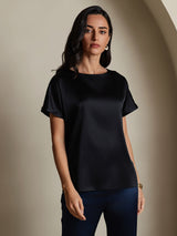 [Black] SilkSilky-UK Short Sleeve Boat Neck Women's T-Shirt 001