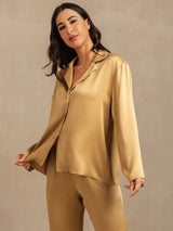 [Tan] SilkSilky-UK 19Momme Machine-Washable Silk Long Sleeve Notch Collar Women's Pyjamas 008
