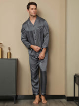 [Navy Ginkgo] SilkSilky-UK 19Momme Long Sleeve Notch Collar Men's Pyjamas 004