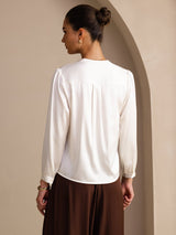 [White] SilkSilky-UK Long Sleeve Wrap Women's Blouse 002