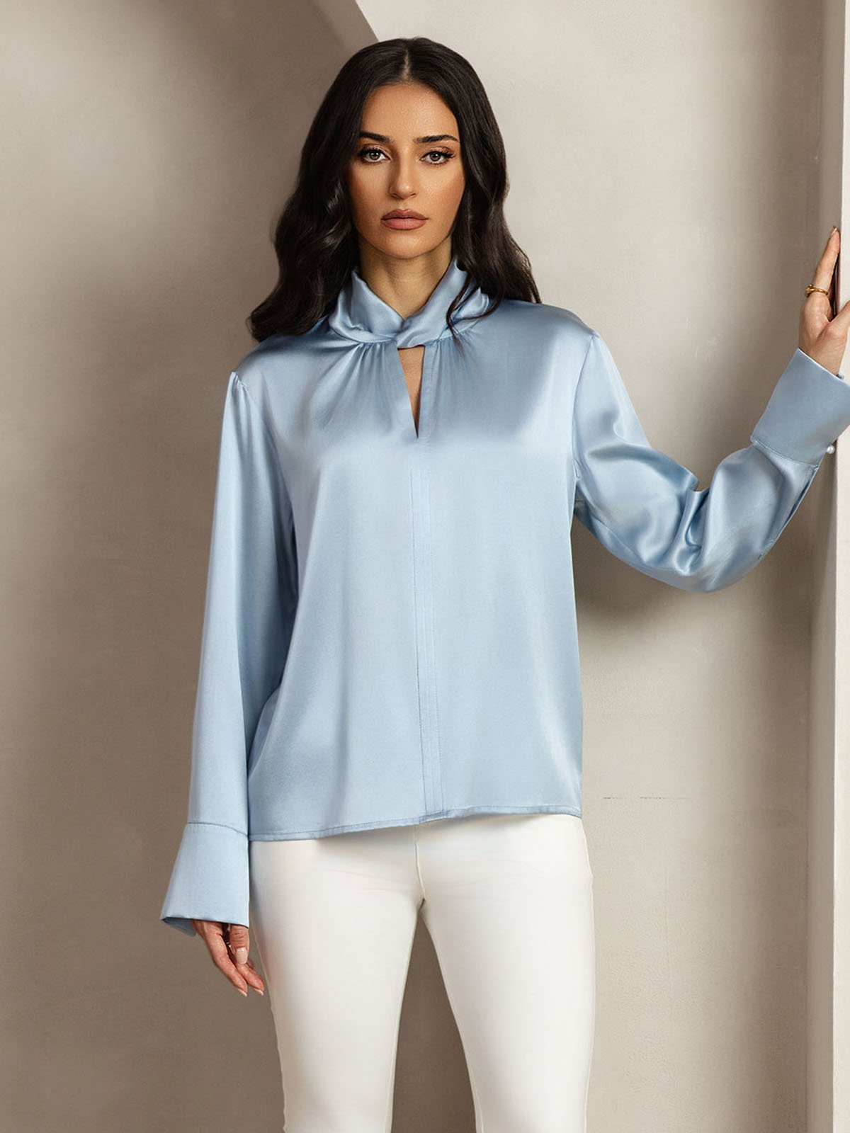 [GrayishBlue] SilkSilky-UK 19Momme Silk Keyhole Neck Women's Shirt 009