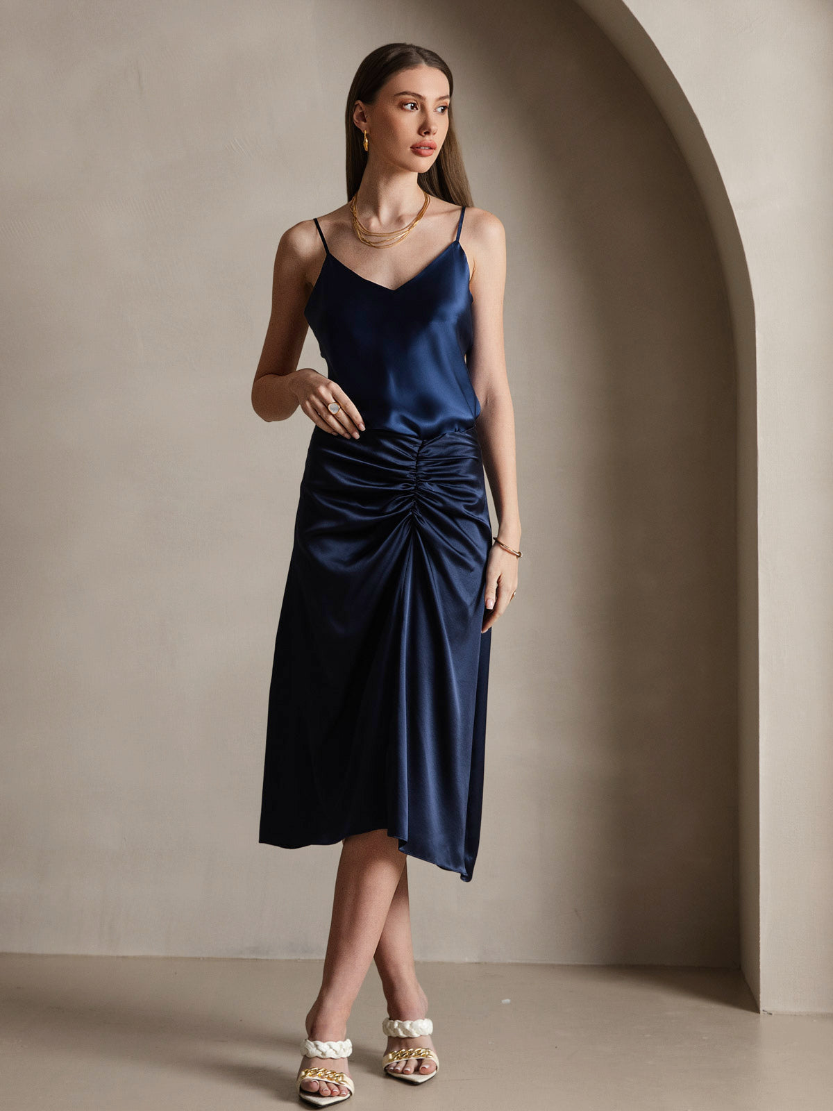 [Dark Blue] SilkSilky-UK Pure Silk Sleeveless V Neck Camisole 005