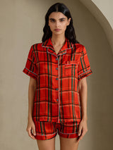 [Red Plaid] SilkSilky-UK Short Sleeve Notch Collar Women's Pyjamas 001