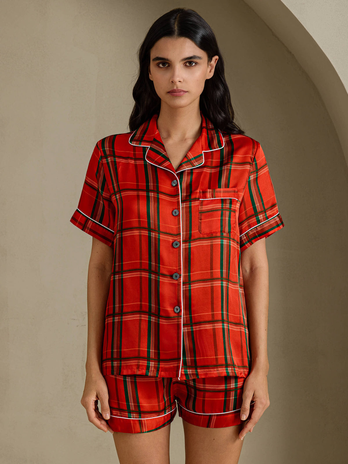 [Red Plaid] SilkSilky-UK Short Sleeve Notch Collar Women's Pyjamas 001