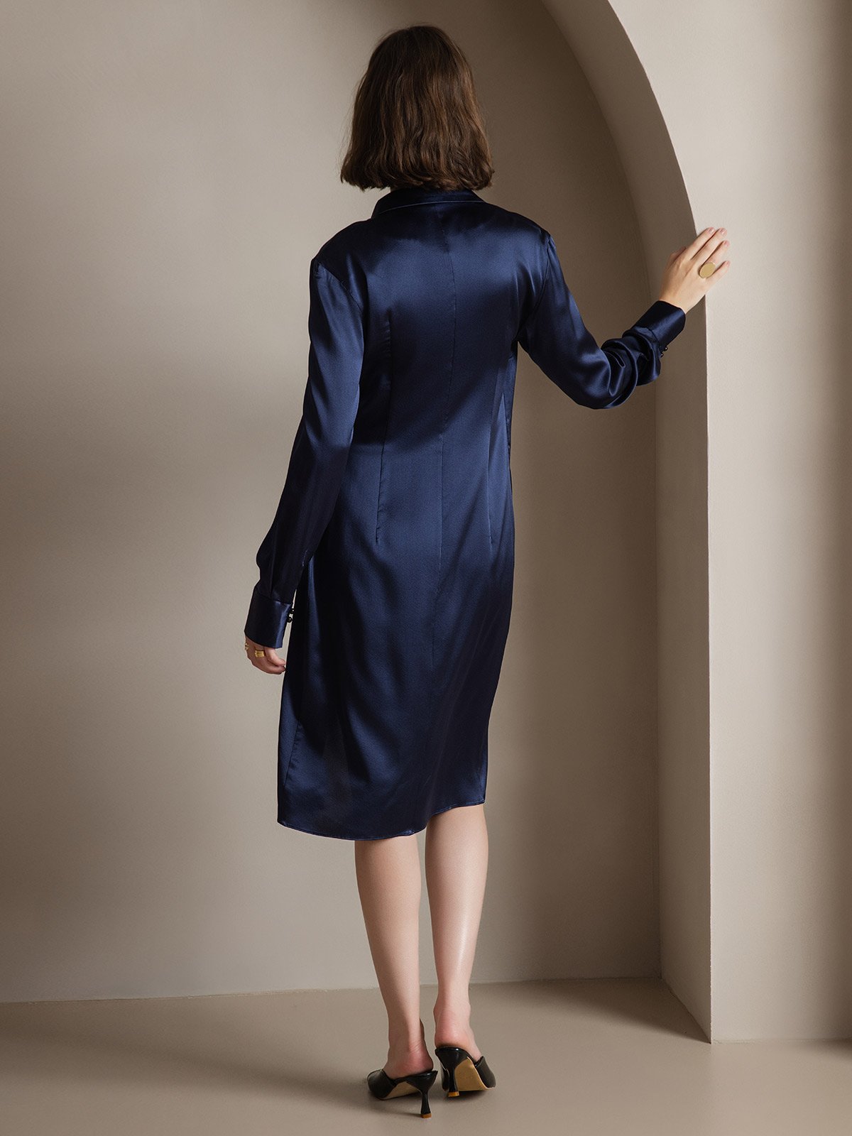 [Dark Blue] SilkSilky-UK 19Momme Silk V Neck Dress 002