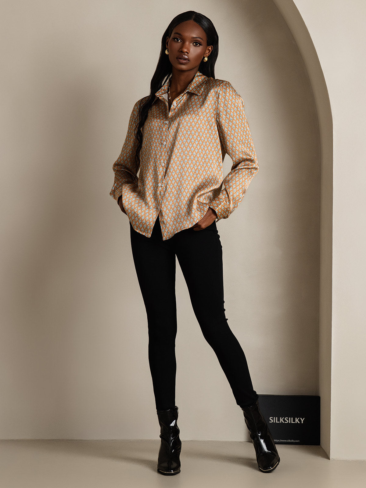 [Floral] SilkSilky-UK Silk Long Sleeve Collar Women's Shirt 007