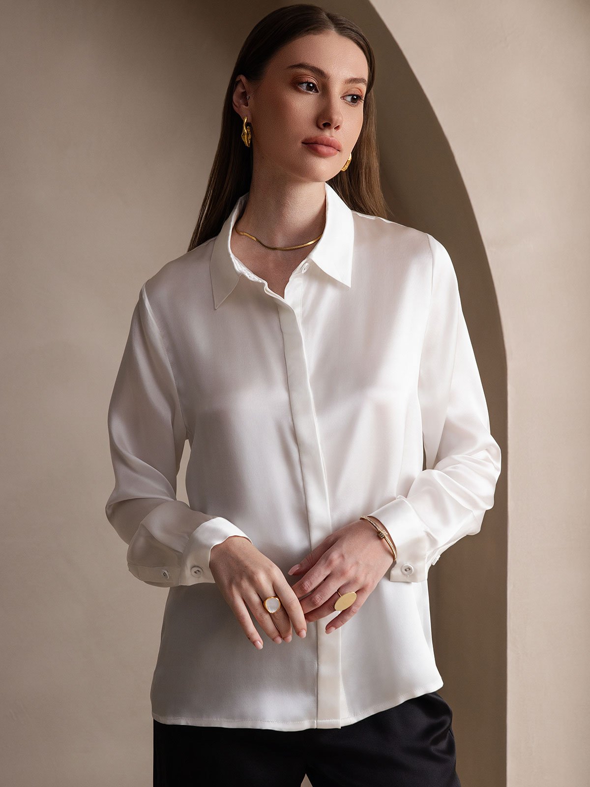 SilkSilky-UK 19Momme Silk Long Sleeve Collar Women's Shirt White 003