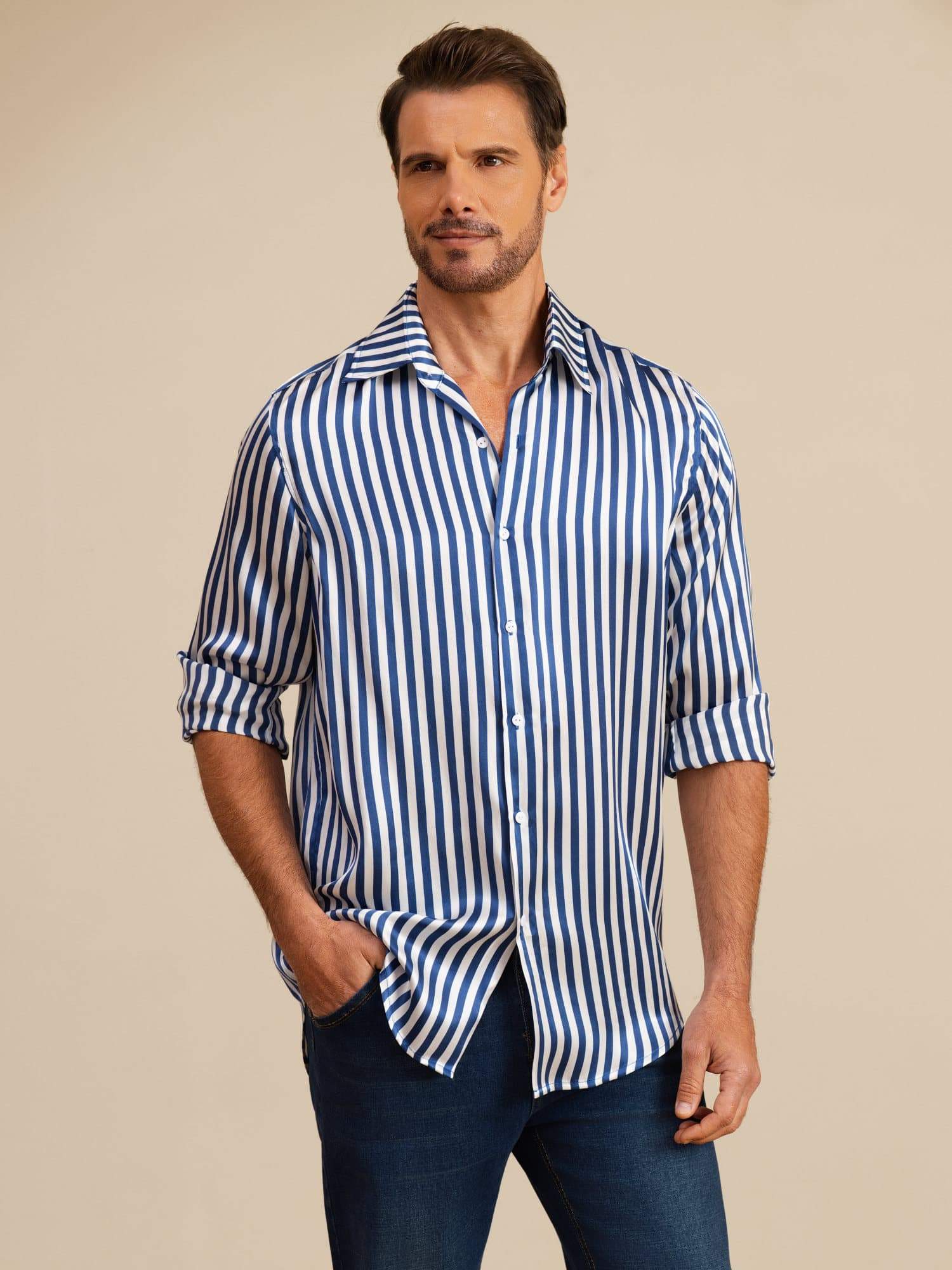 [Navy Stripe] SilkSilky-UK 19Momme Stretch Silk Charmeuse Long Sleeve Lapel Collar Men's Shirt 005