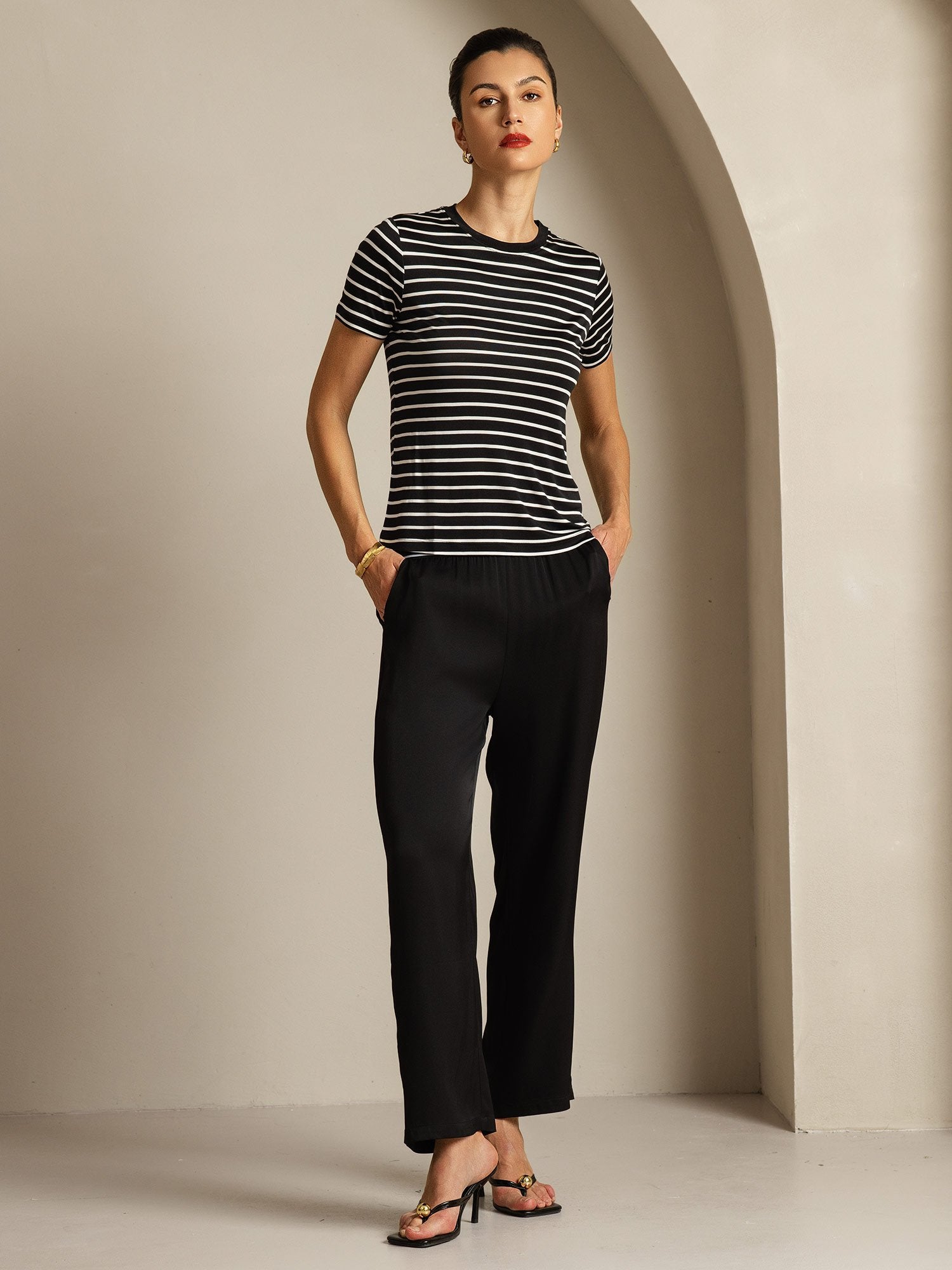 [BlackStripe] SilkSilky-UK Pure Silk Crew Women's T-Shirt 006