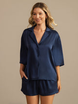 [Dark Blue] SilkSilky-UK 19Momme Machine-Washable Silk Half Sleeve Notch Collar Women's Pyjamas 008