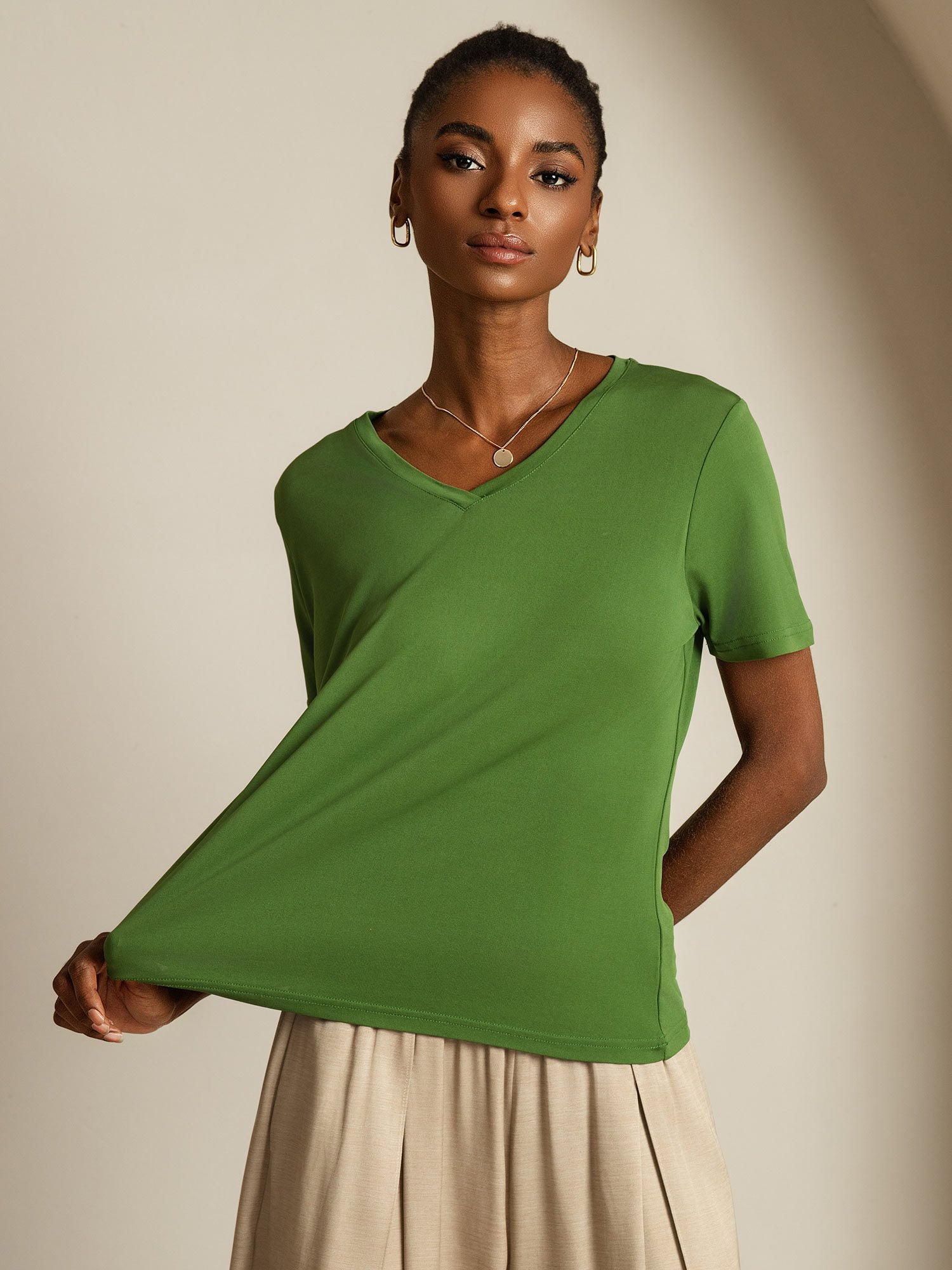 [Green] SilkSilky-UK Pure Silk V Neck Women's T-Shirt 006