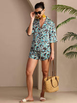 [Teal Botanical] SilkSilky-UK Short Sleeve Notch Collar Women's Pyjamas 006