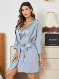 SilkSilky UK Pure Silk Long Sleeve Nightgown&Robe Set SteelBlue 004