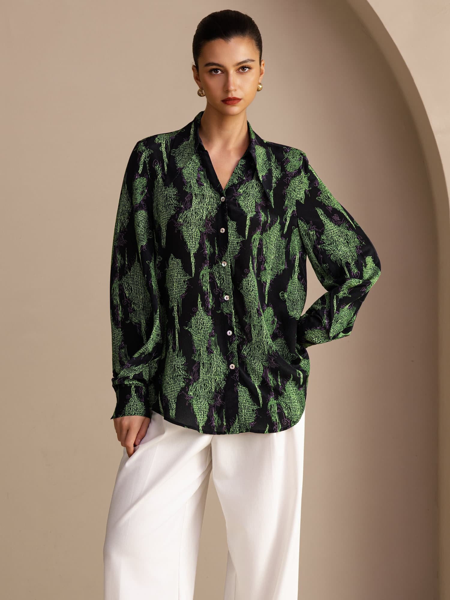 [Black Moss] SilkSilky-UK Long Sleeve Lapel Collar Blouse 001