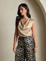[Champagne] SilkSilky-UK Cap Sleeve Cowl Neck Women's T-Shirt 006