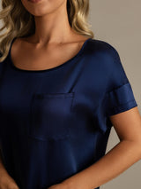 [Dark Blue] SilkSilky-UK 19Momme Machine-Washable Silk Short Sleeve Round Neck Nightdress 004