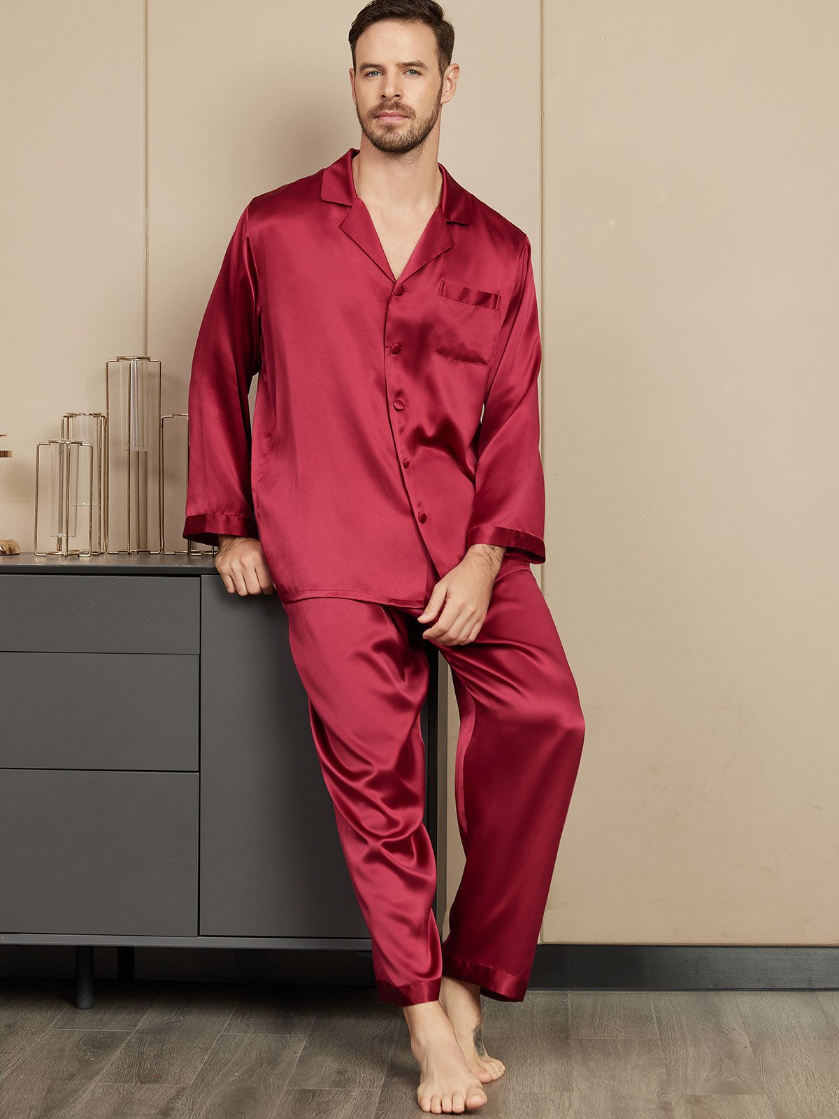 SilkSilky UK Pure Silk Long Sleeve Mens Pajamas Wine 005