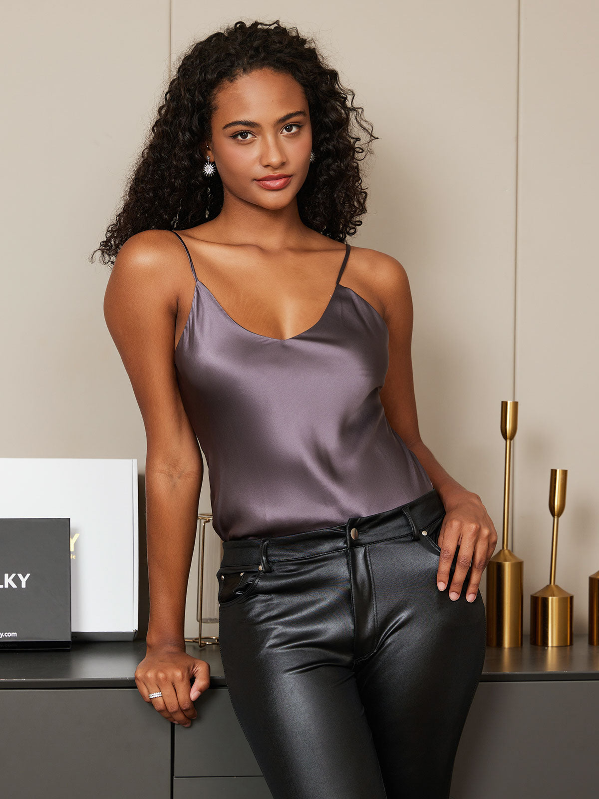 [Purple Gray] SilkSilky-UK Pure Silk Sleeveless V Neck Camisole 004