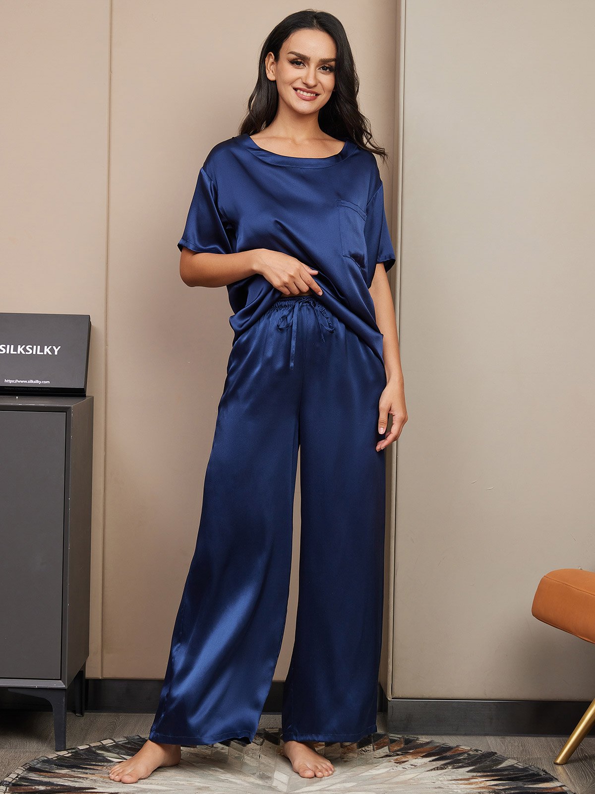 [Dark Blue] SilkSilky-UK Pure Silk Short Sleeve Womens Pajamas 005