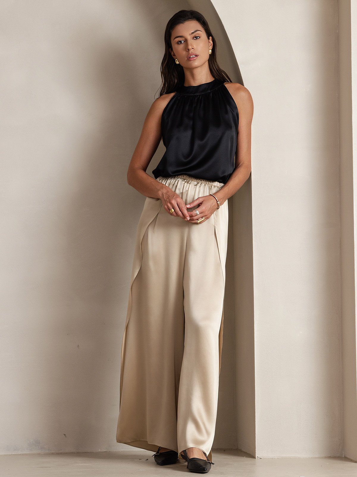 [Black] SilkSilky-UK 19Momme Silk Sleeveless Halter Neck Women's T-Shirt 004