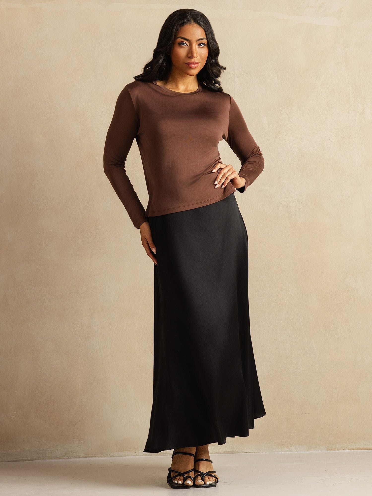 [Coffee] SilkSilky-UK 100% Silk Jersey Long Sleeve Crew Neck Women's T-Shirt 009