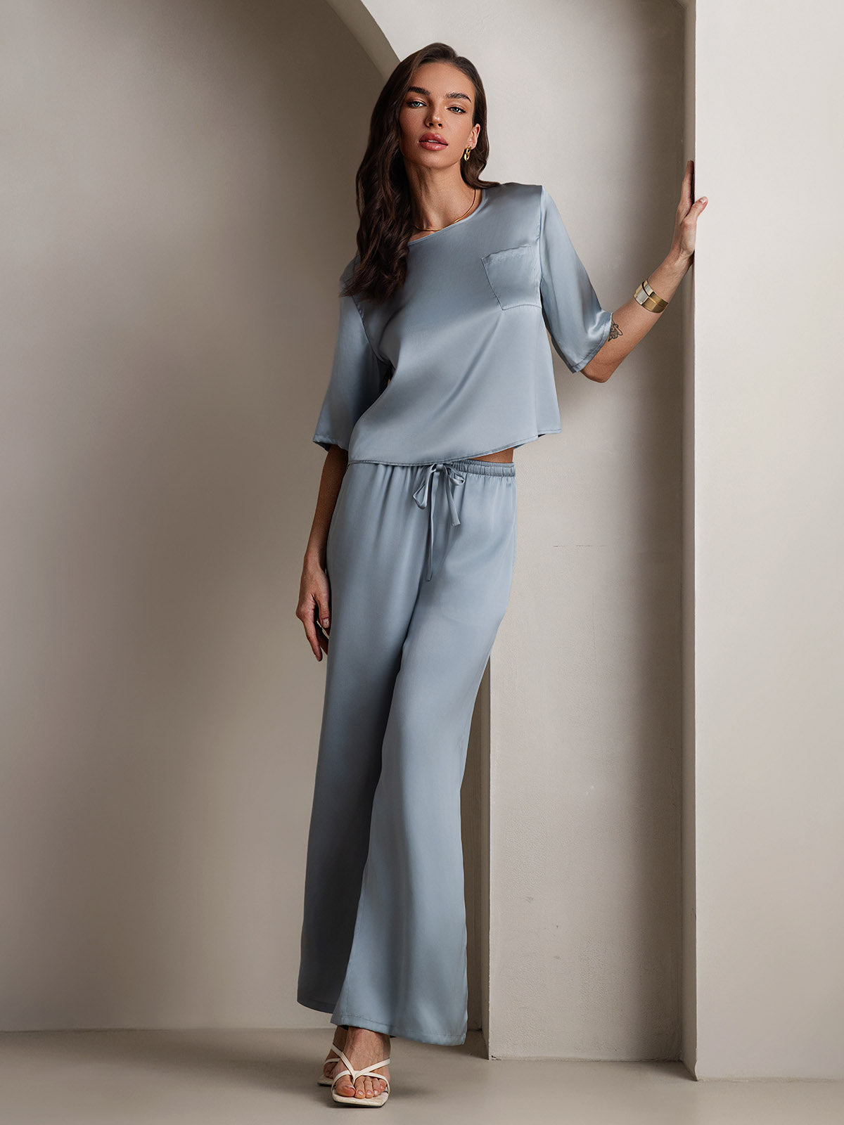 [Grayish Blue] SilkSilky-UK Pure Silk Round Neck Women's Pyjamas 001