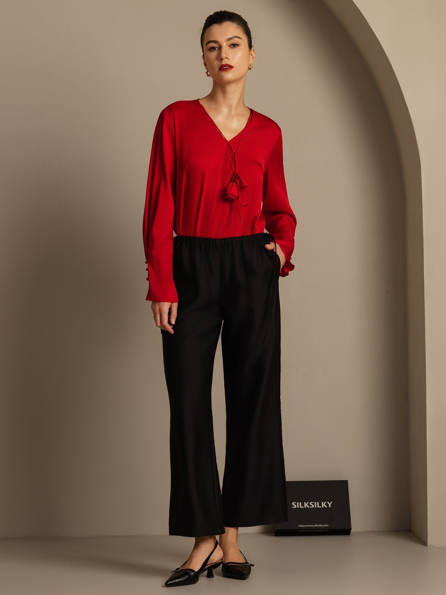 [Black] SilkSilky-UK 32Momme Silk-Wool Blend Womens Pants 007,