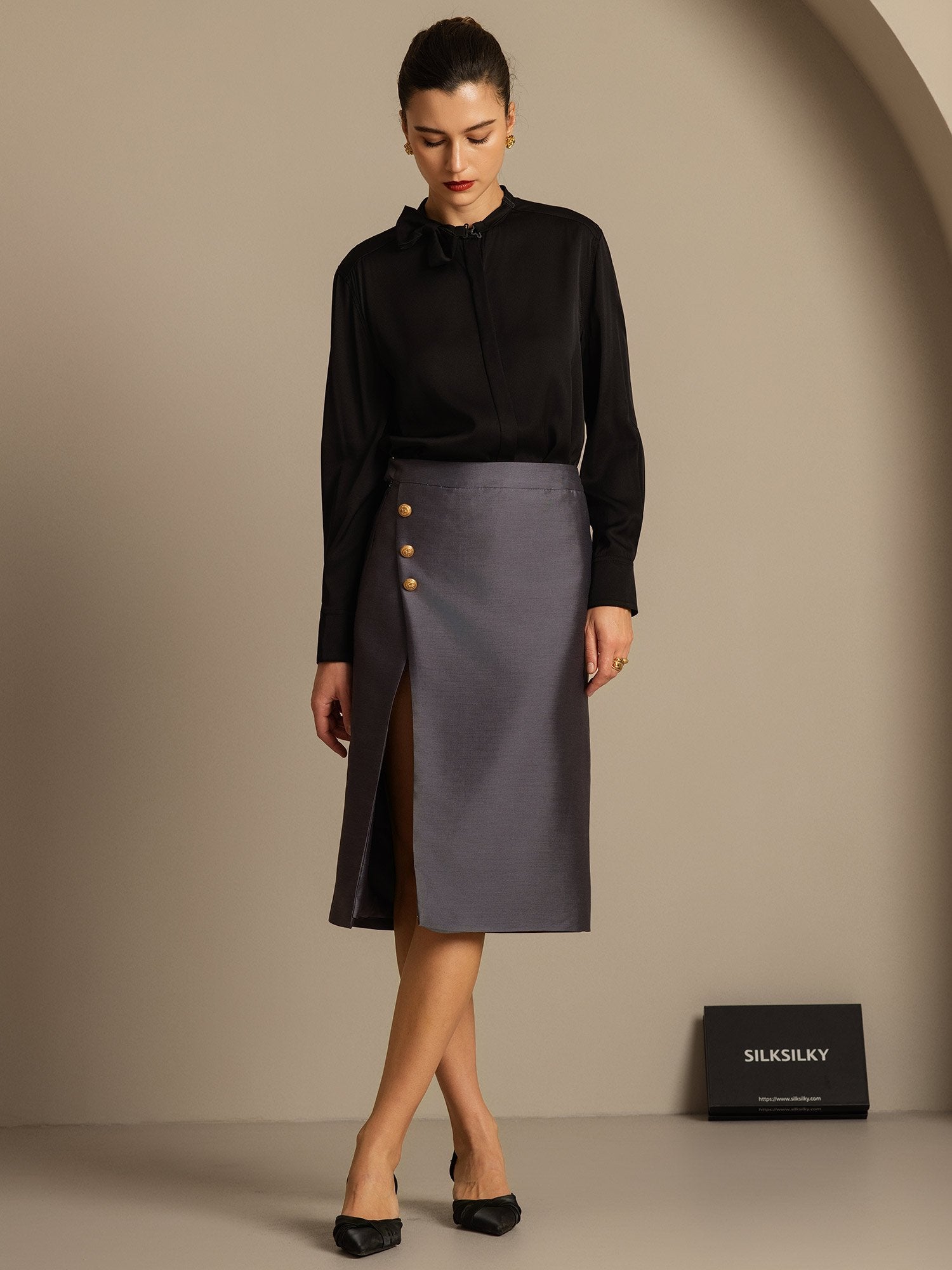 [Gray] SilkSilky-UK 32Momme Silk-Wool Blend Split Skirt 006,