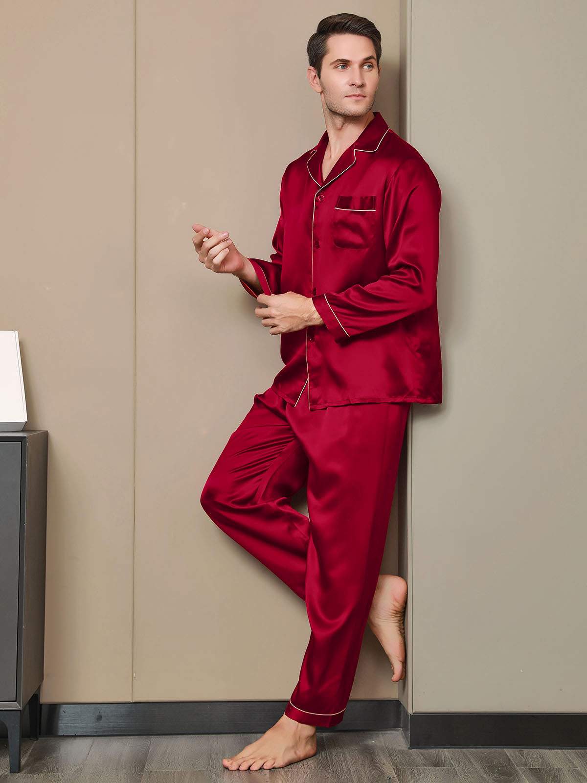 SilkSilky-UK Pure Silk Long Sleeve Lapel Men's Pyjamas Wine 002