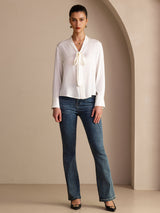 [White] SilkSilky-UK Long Sleeve Tie Neck Women's Blouse 007