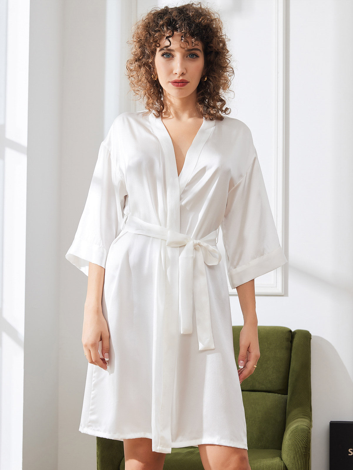 [White] SilkSilky-UK Pure Silk 3/4 Sleeve Wrap Women's Dressing Gown 005