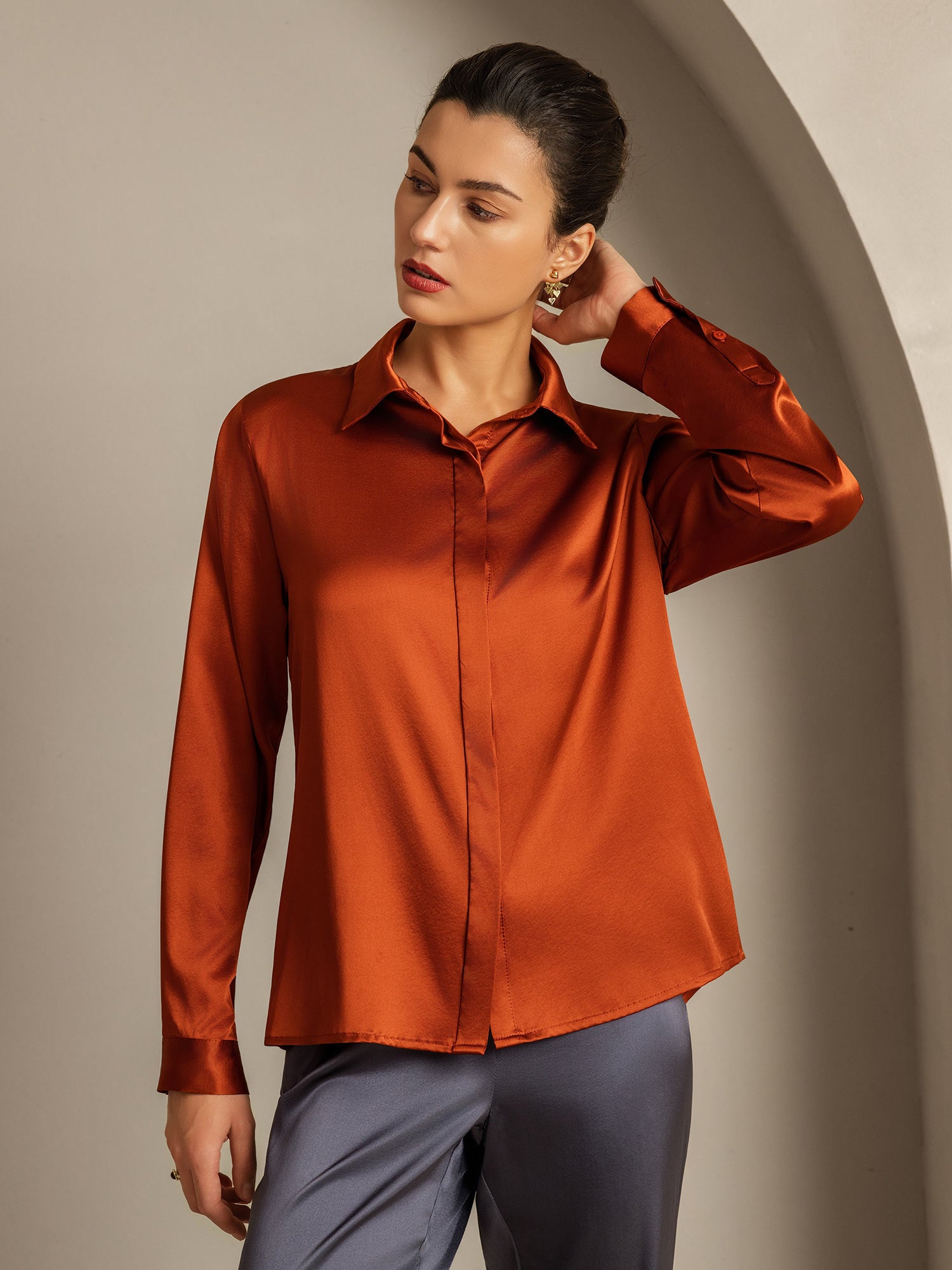 [Caramel] SilkSilky-UK 19Momme Silk Collar Women's Shirt 004