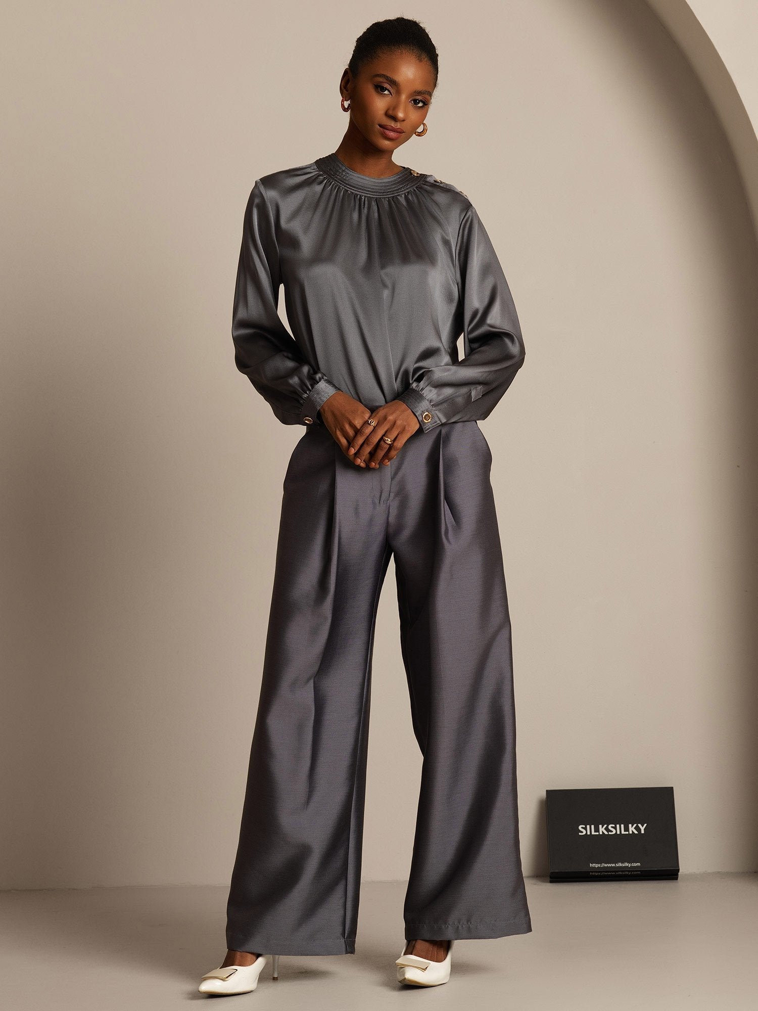 [Gray] SilkSilky-UK 32Momme Silk-Wool Blend Womens Pants 006,