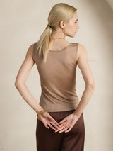 [Coffee] SilkSilky-UK 100% Silk Jersey Sleeveless Round Neck Women's T-Shirt 002