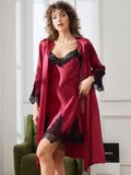 SilkSilky UK Pure Silk 3/4 Sleeve Nightgown&Robe Set DarkRed 005