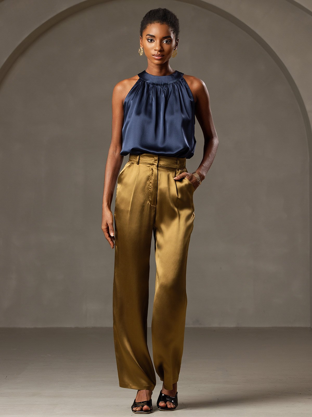 [Dark Blue] SilkSilky-UK 19Momme Silk Sleeveless Halter Neck Women's T-Shirt 007