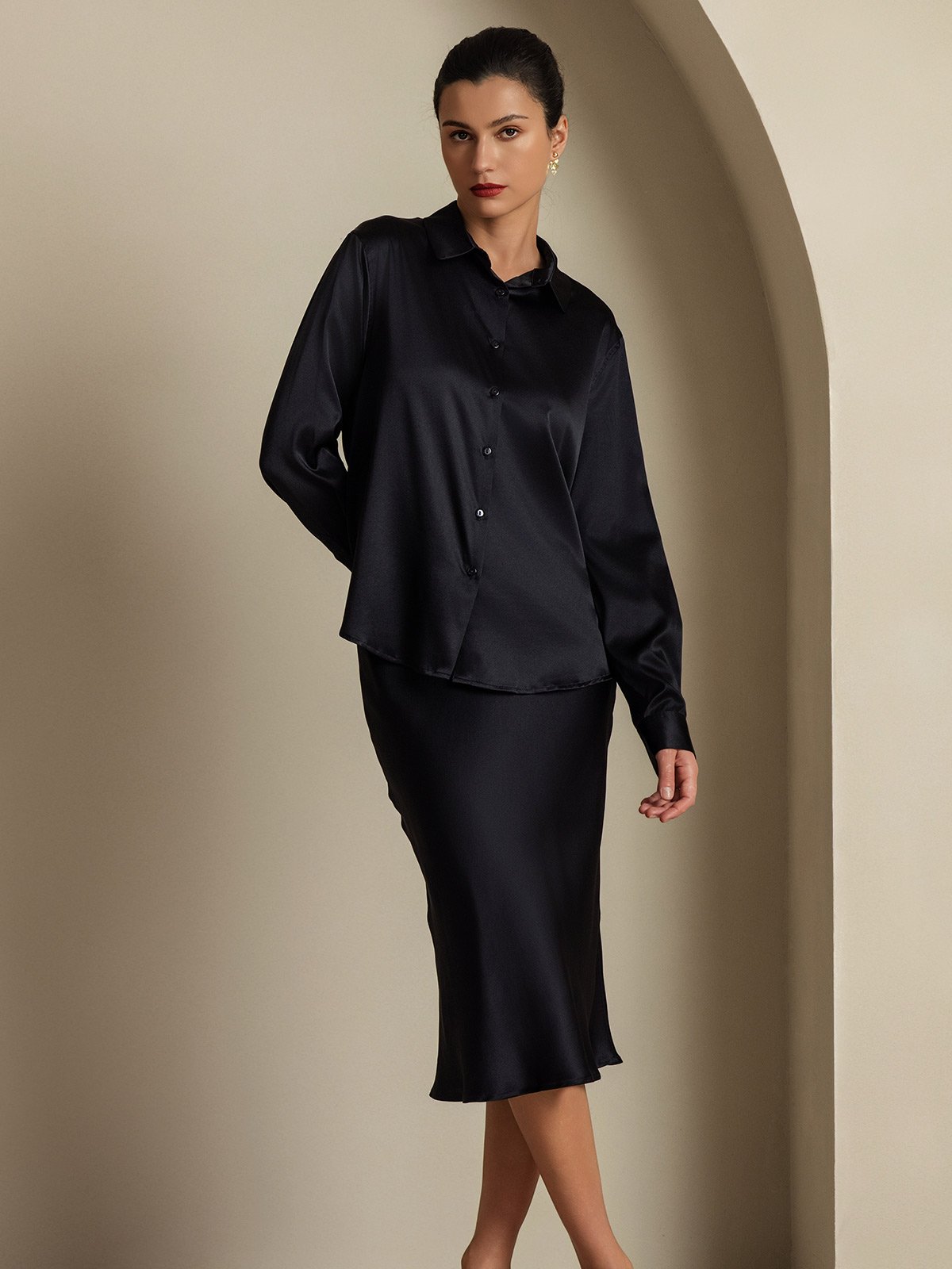 [Black] SilkSilky-UK 19Momme Silk Knitted Collar Women''s Outfit Sets 005,