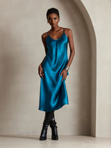 [Teal] SilkSilky-UK Spaghetti Strap V Neck Dress 006