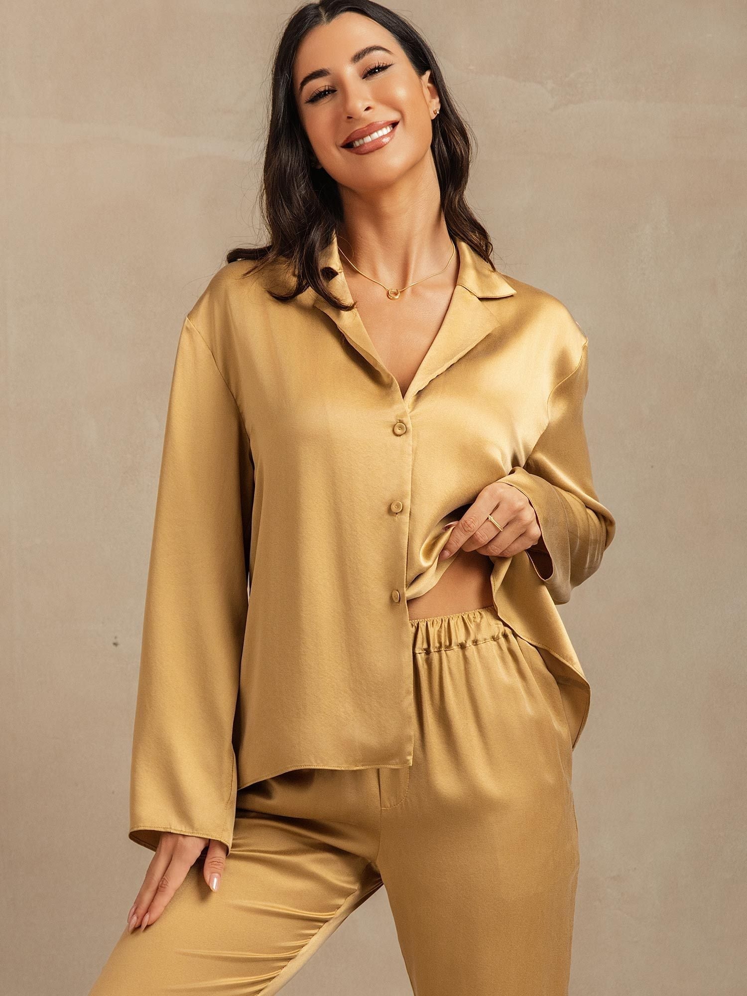 [Tan] SilkSilky-UK 19Momme Machine-Washable Silk Notched Neck Women's Pyjamas 007