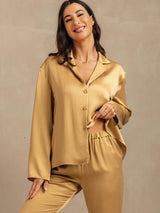 [Tan] SilkSilky-UK 19Momme Machine-Washable Silk Long Sleeve Notch Collar Women's Pyjamas 007