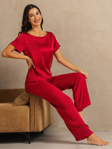 [Wine] SilkSilky-UK 19Momme Machine-Washable Silk Short Sleeve Women's Pyjamas 007